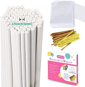 Cake Pop Thick Sticks and Wrappers Kit, Including 100ct 6-inch 5mm Diameter Paper Lollipop Sticks, 100ct Clear Candy Treat Bags Parcel, 100ct Gold Twist Ties for Cakepop, Lollipop, Hard Candy