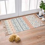 Darhoo Boho Area Rugs,2 feet x3 feet Red Blue Tribal Cotton Woven Rugs with Tassels,Small Moroccan Farmhouse Bath Rugs,Washable Throw Rug Runner for Kitchen, Bathroom, Bedroom, Laundry,Doorway(Blue & Red)