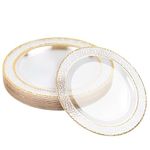 MATANA 20 Premium Clear Plastic Dessert Plates with Gold Rim, 19cm / 7 Inch - Elegant & Reusable Small Side Plates, Starter Plates for Weddings, Birthdays, Picnic, Parties