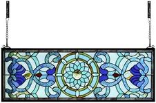 Yogoart Extra Large Horizontal Blue Victorian Stained Glass Window Panels Hanging Transom Window Panels (30" X 10")