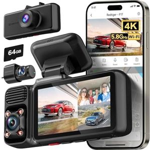 REDTIGER 4K 3 Channel Dash Cam 5G WiFi Built-in GPS, Included 64GB Card, 4K+1080P+1080P Front and Rear Inside Loop Recording, Triple Car Camera with 3 Inch Screen, IR Night Vision, WDR, Parking Mode