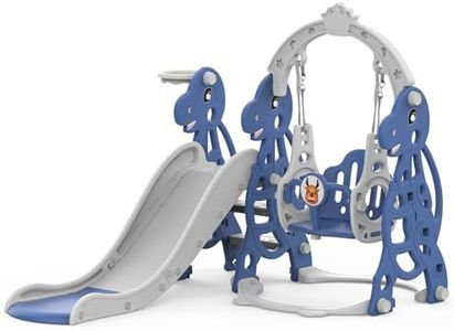 ADVWIN Kids Slide and Swing Set,4 in-1 Toddler Slide Swing Basketball Hoop for Children Baby Indoor Outdoor Playground,Kids Outdoor Playground Equipment - Blue(120×172×122 cm)