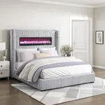 Lexicon Corduroy Upholstered Bed Frame, Remote Fireplace, Built-in Speaker, Wingback Eastern King Bed Frame with Headboard, Wooden Slats, Box Spring Needed, Assembly Required, Two-Tone Gray