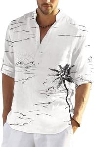 COOFANDY Men's Cotton Linen Henley T-Shirt Long Sleeve Casual Beach T-Shirts Hippie Printed Button Tee
