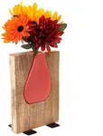 EXCELLO GLOBAL PRODUCTS Matte Pink Glass and Wood Vase - Rustic Flower Vase Decorative Centerpieces for Dining Room Table Coffee Tables Vintage Farmhouse Decor (Short - 8" x 6")