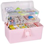 FOREVERIE Foldable Multiple Layers Extra Large Plastic Storage Case with Compartments, Crafts Arts Storage Box, Handled Sewing Box, Multipurpose Plastic Box, Pink