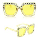 Aoreety Oversized Rectangle Fake Rhinestone Sunglasses, Unisex Thick Frame Bling Hollow Out Design Sunglasses Sparkling Retro Sunglasses for Women Dresses up Clothing Accessories-yellow