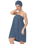 Women's Towel Robe Shower Spa Gym Body Wrap with Velcro Closure Bathrobes (Blue Grey,S/M)