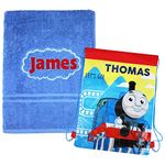 TeddyTs Personalised Thomas the Tank School Drawstring Bag and Swimming Blue Towel