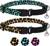 CollarDirect Breakaway Cat Collar with Leopard Print Pack of 2 PCS, Safety Kitten Collar for Cats with Bell and Elastic Strap, Adjustable Size 7-11 Inch (Green-Brown)