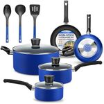 SereneLife Kitchenware Pots & Pans Basic Kitchen Cookware, Black Non-Stick Coating Inside, Heat Resistant Lacquer (11-Piece Set), One Size, Blue