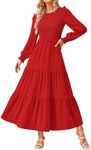 KIRUNDO Women Fall Wedding Guest Dress Long Sleeve Maxi Dress Casual Crew Neck Smocked Tiered A Line Flowy Long Dresses(Brilliant Red, X-Large)