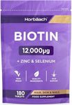 Biotin Tablets 12000ug | 180 Count | High Strength Complex with Zinc and Selenium | Vegan Supplement | by Horbaach