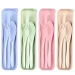 Travel Utensil Set with Case, 4 Sets Wheat Straw Portable Spoon Knife Forks Tableware, Reusable Cutlery Set for Travel Picnic Camping or Daily Use