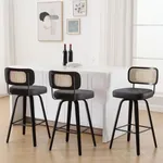 Bekrvio Swivel Bar Height Stools Set of 3, Upholstered Faux Leather Barstools with Rattan Back, 29" Seat Height Tall Bar Stools for Kitchen Counter, Black Wood Frame, Black