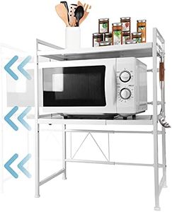 ABCOOL 3-Tier Retractable Kitchen Baker Microwave Oven Rack, Expandable and Height Adjustable Carbon Steel Shelf Counter Countertop with 3 Hooks, Electric Oven Holder