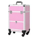 HOMCOM Portable Aluminum Makeup Train Cases, Rolling Makeup Case, Salon Beauty Cosmetic Jewelry Organizer Trolley with 4 Wheels, Pink