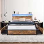 Levede Double Bed Frame with Industrial RGB LED,Metal Platform Bed with Storage Headboard,USB Charging Station,4 Storage Drawers,Noise-Free Mattress Foundation,Rustic Brown, No Box Spring Needed