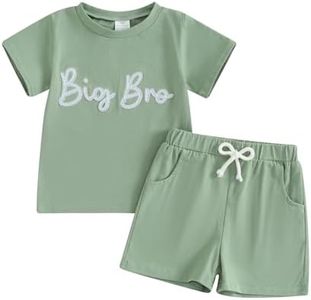 Twopumpkin Baby and Toddler Girl Boy Big Sister Little Sister Brother Matching Outfits Romper/T Shirt Shorts Summer Clothes (Embroidered Big Bro Green, 2-3 Years)