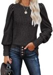 MIHOLL Womens Long Lantern Sleeve Sweaters Dressy Casual Ribbed Shirts Solid Crew Neck Tops Blouses(Dark Grey, large)