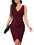 ihot Women's Sexy Sparkly Sequin Dresses 2024 Elegant V Neck Sleeveless Faux Wrap Ruched Sheath Glitter Party Club Night Out Cocktail Wedding Guest Dress Wine Red Medium