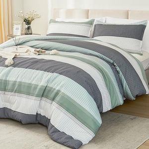 Litanika King Size Comforter Set Sage Green - 3 Pieces Lightweight Summer Bedding Comforter Sets, Light Green White Colorblock Stripe King Bed Set, All Season Down Alternative