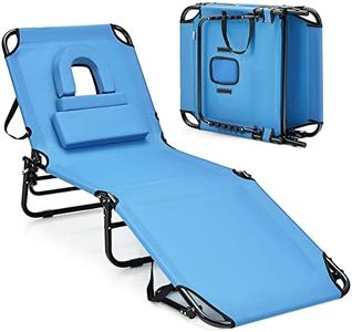 Multigot Folding Sun Lounger, 5-Position Adjustable Reclining Chair Tanning Chair with Face Hole and 3 Removable Pillows, Outdoor Sunbathing Face Down Chaise Chair for Beach Patio Poolside (Blue)