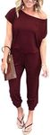 PRETTYGARDEN Off Shoulder Sleeve Hollow Out Sexy Women Bodycon Long Jumpsuit Rompers (Small, 600089 Wine Red)