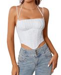 MOALLUOM Sexy Mesh Ruched Corset Bustier Tops Square Neck Sleeveless Boned Going Out Cami Crop Top for Women, White, Large