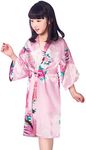 PythJooh Girls Kimono Dressing Gowns, 1-13Years Kids Peacock and Blossoms Satin Silky Kimono Bathrobes Dress for Spa Wedding Party
