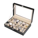 Flexzion Watch Box Organizer for Men and Women - 12 Slots Watch Storage Box with Top Glass Display & Removable Pillows in Each Slot - Premium Watch Cases for Men Made with PU Leather