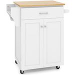 COSTWAY Kitchen Island on Wheels, Rolling Storage Trolley Cart with 3 Level Adjustable Shelf, Drawer, Spice Rack & Towel Rack, Home Dining Room Organiser Sideboard Cabinet (White with 2 Towel Racks)