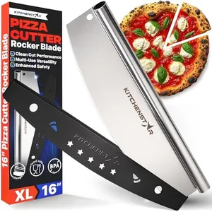 16" Pizza Cutter Rocker by KitchenStar - Razor Sharp Stainless Steel Slicer Knife with Blade Cover, Large + Dishwasher Safe - Premium Pizza Oven Accessories