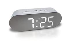 Digital Alarm Clock - Mains Powered, Big Digit Mirror Display, No Frills Simple Operation Alarm Clocks, Bedside Alarm, Snooze, Non Ticking, Full Range Brightness Dimmer, Two USB Charging Ports (White)