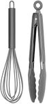 Country Kitchen 10" Whisk and Tong Kitchenware Set for Nonstick Cookware, Silicone and Stainless Steel Accessories for Cooking, Baking, Frying, Grilling, Blending and Serving- Gun Metal and Grey