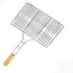 Harivar Mart Chromium Plated Barbecue BBQ 32 x 21.5Cm Foldable for Roast BBQ Grill Net Basket for Fish, Vegetables, Steak, Shrimp, Chops and Other Food with Wooden Handle