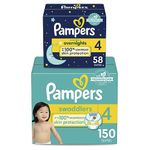 Pampers Diapers Size 4 All Night Protection Bundle, Swaddlers Disposable Baby Diapers (150 Count) & Overnight Diapers (58 Count)