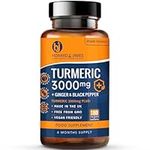 Turmeric 3000mg High Strength Supplement with Black Pepper and Ginger - 180 Vegan Tablets (Not Capsules) - Turmeric with Active Ingredient Curcumin - Made in The UK by Howard & James