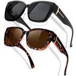 KANASTAL 2 Pack Tortoiseshell Over Sunglasses Womens Polarised Fitover Spectacles on Top of Glasses Mens Oversized Ladies Vintage Square UV400 - Black and Leopard Brown