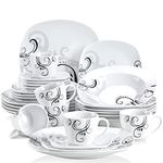 VEWEET 'Zoey' 30-Piece Dinner Set Ivory White Black Decals Porcelain Combination Sets with Cup & Saucer Set, Stoneware Plate Sets Service for 6