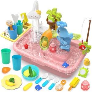 Play Sink with Running Water, 4-in-1 Kids Kitchen Sink Toys with Electric Faucet, Water Table Floating Pool Toy w/Fishing Game, Duck Slide, Pretend Play Dishwasher Set for Toddler Boys Girls (Pink)