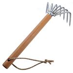 GAOGE Hand Rake, Steel Digging Tool with Wooden Handle for Garden Transplanting, Precision Digging, and Soil Leveling, Long handle / 7 Long spike, silver