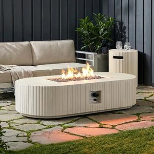 ComaZoo 2-Piece 60-Inch Outdoor Propane Fire Pit Table Set, 50,000 BTU Patio Oval Concrete Gas Modern Fire Table with Hidden Tank, Lid, Lava Rock & Rain Cover, Beige