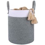 LA JOLIE MUSE Laundry Basket, Toy Storage Basket For Kid, Cotton Rope Blanket Basket Large Woven Storage Basket, Nursery Decor Laundry Washing Basket With Handle, 40 Cm White & Gray