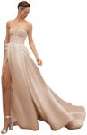 Xsqmbwb Sweetheart Satin Wedding Dresses Lace Applique High Slit Strapless Long Champagne Bridal Gown for Bride US16W