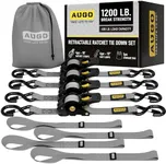 AUGO Retractable Ratchet Straps | 4 Heavy Duty Ratchet Straps Self Retractable Tie Down Straps with Soft Loops & Storage Bag for Motorcycle, Truck, Trailer, Cargo Van | 1200 Lb Break Strength 1” x 10’