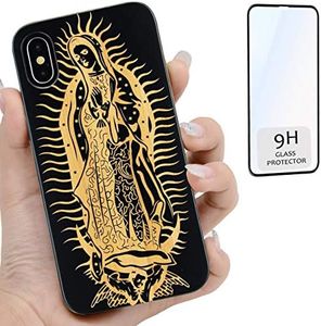 iProductsUS Wood Phone Case Compatible with iPhone Xs, X and Screen Protector-Engraved Virgin Mary Black Bamboo Case, Built-in Metal Plate,Compatible Wireless Charger,TPU Shockproof Cover (5.8")
