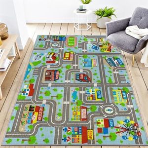 VSIWB Educational Road Traffic Carpet Kids Carpet Playmat Car Rug Fun City Life Map Kids Car Rug Non Slip Play Carpet for Children Playroom Bedroom Classroom Decor (Sky Blue, 5'2''x3'3'')