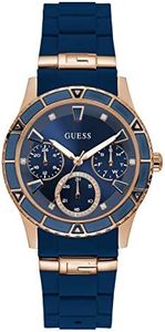 GUESS Gold-Tone + Iconic Red Stain Resistant Silicone Watch, Blue/Rose Gold Tone/Blue, NS, Dress/Luxury