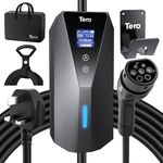 Tera EV Charger Portable Type 2: EV Wallbox for Outdoor Charging 7meter Charging Label 13A 3.3kW UK 3PIN Plug Adjustable Strom IP66 LCD Screen with Cable Holder Storage Bag P02 Black